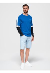 Ombre Clothing - Trójkolorowa dresowa męska bluza z raglanowymi rękawami – niebieska V4 - Rozmiar: XL. Okazja: na co dzień. Kolor: niebieski. Materiał: dresówka. Długość rękawa: raglanowy rękaw. Wzór: nadruk. Styl: casual, sportowy #1