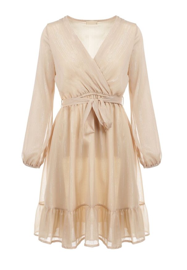 Born2be - Beżowa Sukienka Pronestra. Kolor: beżowy. Materiał: tkanina, materiał. Wzór: gładki. Typ sukienki: kopertowe. Styl: elegancki. Długość: mini