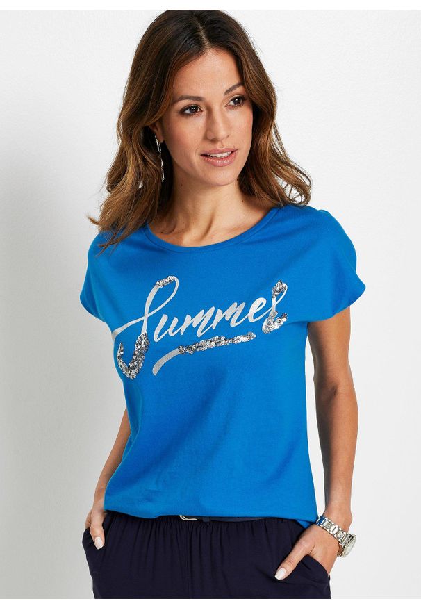 bonprix - Shirt z cekinami. Kolor: niebieski. Wzór: napisy