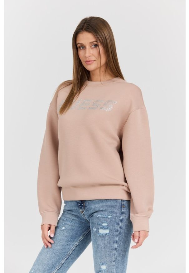 Guess - GUESS Beżowa bluza z cyrkoniami Cecilia. Kolor: czarny. Materiał: poliamid, elastan, wiskoza, materiał. Długość rękawa: długi rękaw. Długość: długie. Styl: elegancki