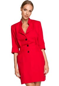 Sukienki.shop - Elegancka sukienka żakietowa z kołnierzem czerwona na guziki. Okazja: na spotkanie biznesowe, do pracy. Kolor: brązowy, czerwony. Styl: elegancki #1