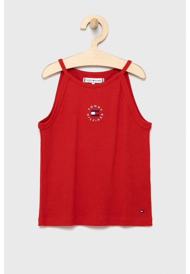 TOMMY HILFIGER - Tommy Hilfiger top dziecięcy kolor czerwony. Okazja: na co dzień. Kolor: czerwony. Materiał: dzianina, bawełna. Długość rękawa: na ramiączkach. Wzór: aplikacja. Styl: casual
