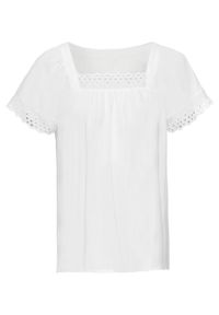 Shirt bluzkowy z ażurową koronką bonprix biel wełny. Kolor: biały. Materiał: wełna, koronka. Wzór: ażurowy, koronka #1