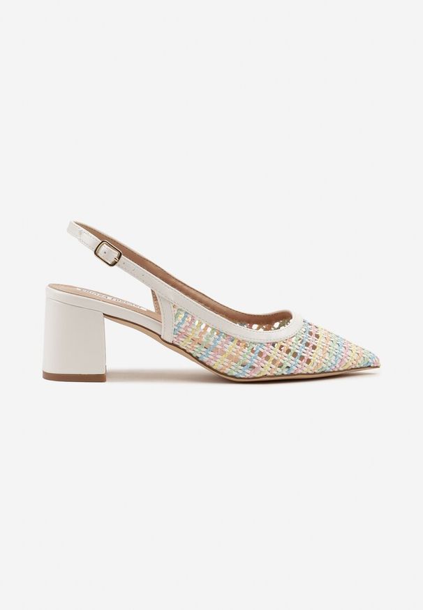 Renee - Białe Sandały na Słupku Slingback Ozdobione Szydełkową Cholewką Novilissea. Okazja: na imprezę, na co dzień. Zapięcie: sprzączka. Kolor: biały. Wzór: aplikacja. Sezon: lato. Obcas: na słupku. Styl: casual. Wysokość obcasa: średni