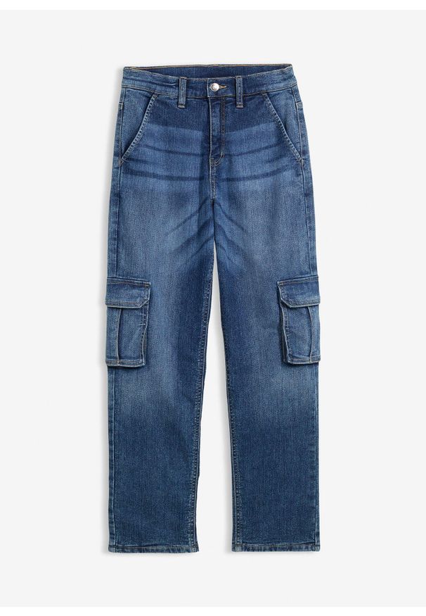 bonprix - Dżinsy bojówki ocieplane o kroju loose fit z podszewką dżersejową, straight. Kolor: niebieski
