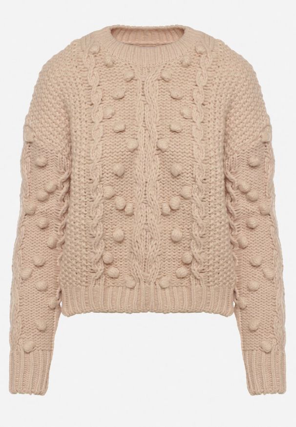 Born2be - Beżowy Sweter z Wełną i Bawełną Ozdobiony Grubym Splotem Numike. Okazja: do pracy. Kolor: beżowy. Materiał: wełna, bawełna. Wzór: aplikacja, ze splotem. Sezon: zima, jesień. Styl: klasyczny, elegancki