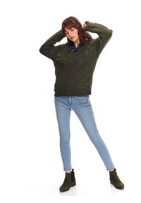 TOP SECRET - Sweter długi rękaw damski luźny. Typ kołnierza: dekolt w serek. Kolor: zielony. Materiał: jeans. Długość rękawa: długi rękaw. Długość: długie. Sezon: wiosna #1