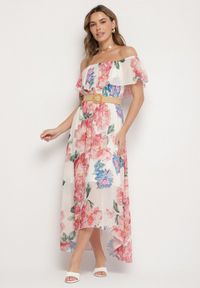 Born2be - Różowa Sukienka Typu Hiszpanka w Kwiaty z Paskiem Sademire. Okazja: na co dzień. Typ kołnierza: dekolt hiszpanka. Kolor: różowy. Wzór: kwiaty. Styl: casual #7