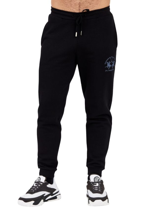 La Martina - LA MARTINA Czarne spodnie dresowe męskie z dużym logo, Rozmiar XL. Kolor: czarny. Materiał: dresówka
