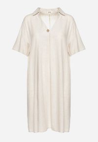 Born2be - Beżowa Pudełkowa Sukienka z Bawełny z Podwijanymi Rękawami Carinea. Okazja: na co dzień, do pracy, na spotkanie biznesowe. Typ kołnierza: dekolt w serek. Kolor: beżowy. Materiał: bawełna. Styl: biznesowy, klasyczny, casual, elegancki #3