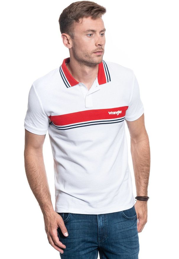 Wrangler - MĘSKA KOSZULKA POLO WRANGLER SS COLOURBLOCK POLO WHITE W7E3KF989. Typ kołnierza: polo