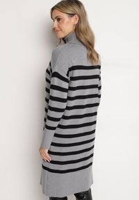 Born2be - Szaro-Czarna Sweterkowa Sukienka z Golfem Wiskozą i Modalem Ozdobiona Paskami Fesalttia. Okazja: na co dzień. Typ kołnierza: golf. Kolor: szary. Materiał: wiskoza. Długość rękawa: długi rękaw. Wzór: aplikacja. Typ sukienki: proste. Styl: casual, elegancki #3