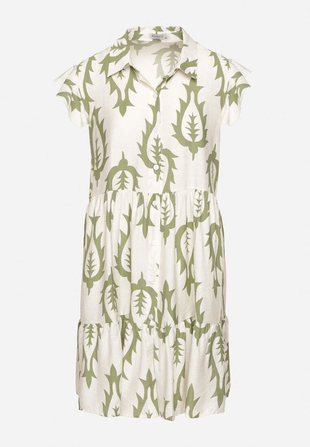 Born2be - Zielona Rozkloszowana Sukienka o Koszulowym Kroju z Lnem i Wiskozą Folarane. Okazja: na spacer, na co dzień. Kolor: zielony. Materiał: len, wiskoza. Wzór: aplikacja. Typ sukienki: koszulowe. Styl: klasyczny, casual, elegancki