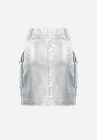Born2be - Srebrna Spódnica Mini z Kieszeniami Cargo z Imitacji Skóry Kerris. Kolor: srebrny. Materiał: skóra #5