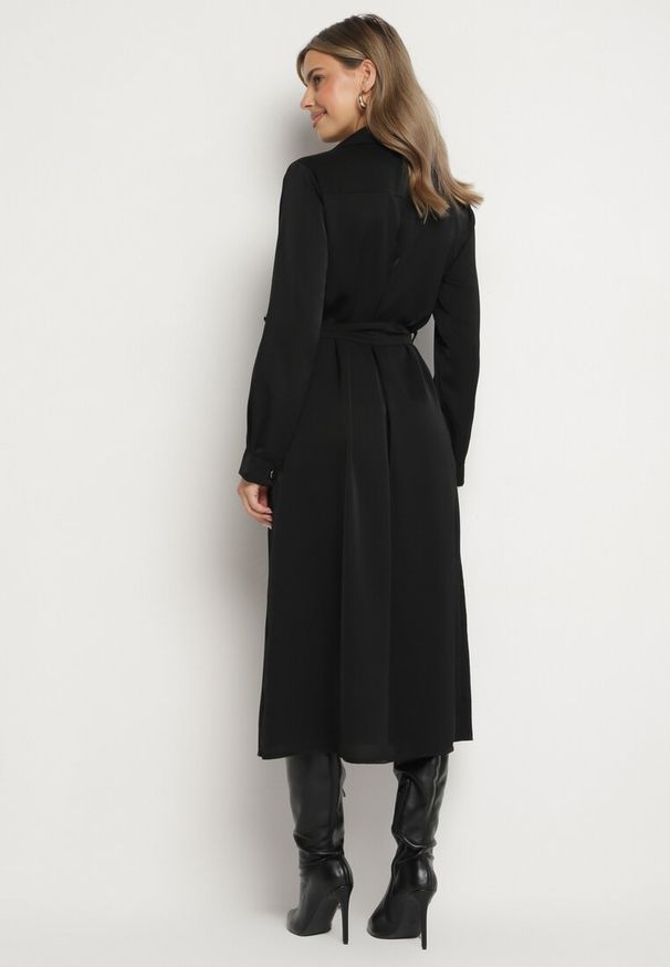 Born2be - Czarna Koszulowa Sukienka z Eleganckimi Guzikami i Wiązanym Paskiem w Talii Kortella. Okazja: na spotkanie biznesowe, na co dzień. Typ kołnierza: dekolt w serek. Kolor: czarny. Długość rękawa: długi rękaw. Typ sukienki: koszulowe. Styl: elegancki
