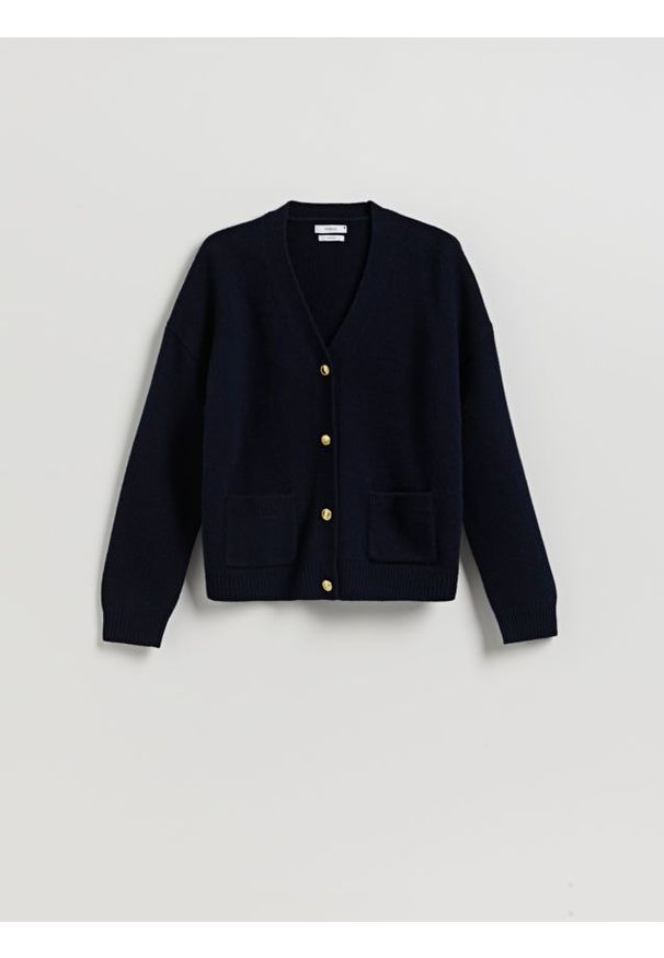 Reserved - Wełniany kardigan - granatowy. Kolor: niebieski. Materiał: wełna