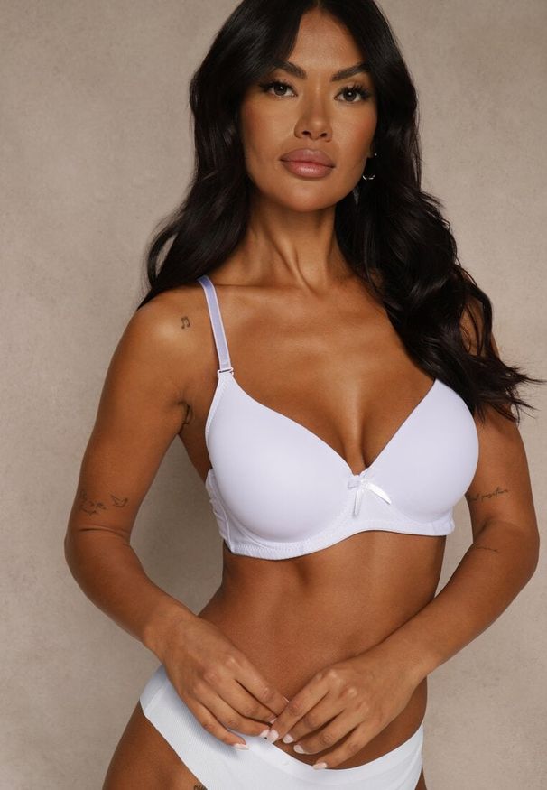 Renee - Biały Gładki Biustonosz o Klasycznym Fasonie Zdobiony Kokardką Caloris. Kolor: biały. Wzór: gładki, aplikacja