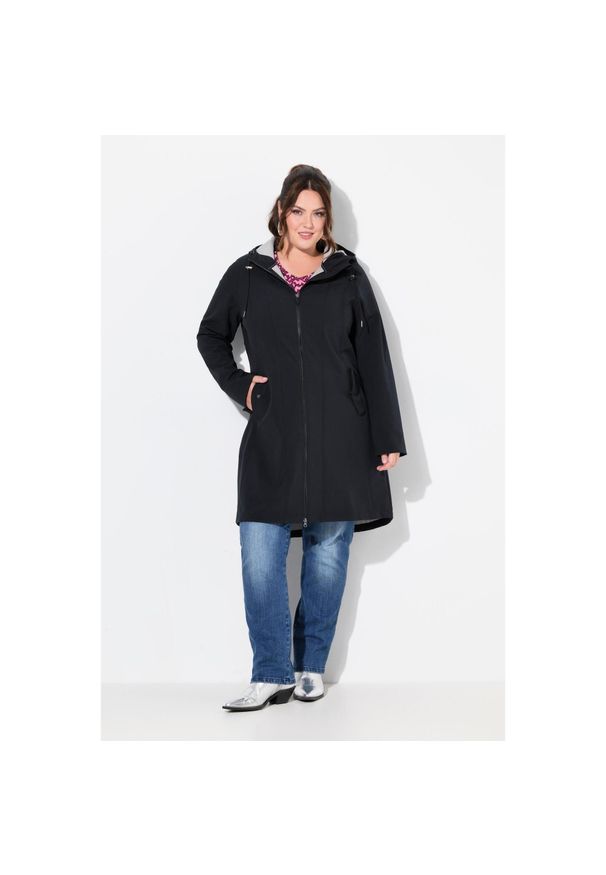 ULLA POPKEN - Damskie Długa kurtka softshellowa HYPRAR hydrofobowa kaptur. Kolekcja: plus size. Kolor: czarny. Materiał: poliester, materiał, elastan. Długość: długie. Sport: turystyka piesza
