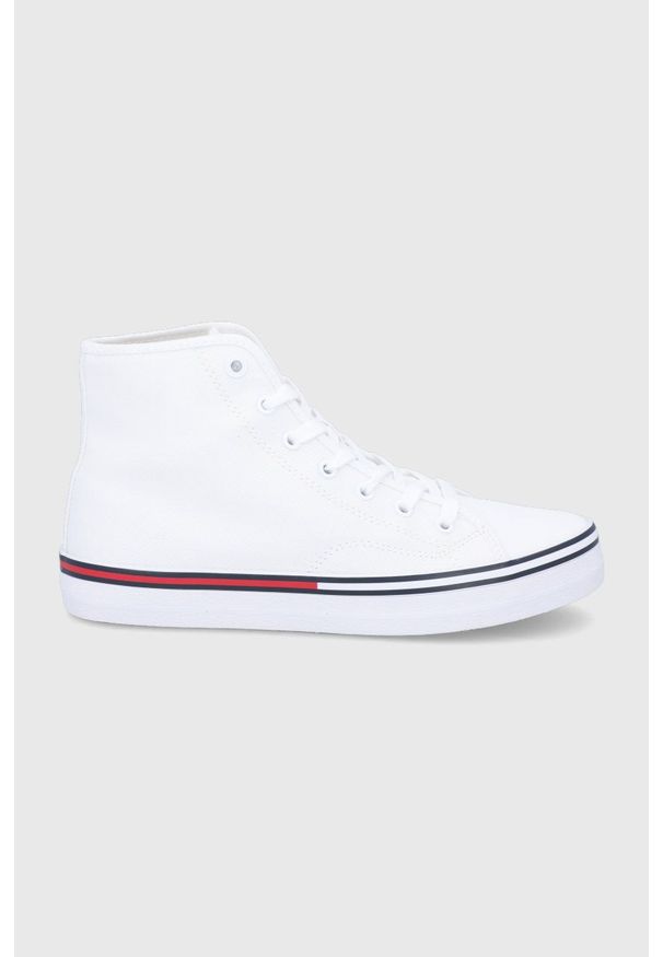 Tommy Jeans trampki damskie kolor biały. Nosek buta: okrągły. Zapięcie: sznurówki. Kolor: biały. Materiał: guma, bawełna. Szerokość cholewki: normalna