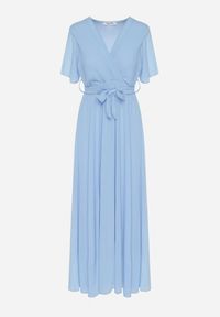 Born2be - Niebieska Kopertowa Sukienka z Gumką w Pasie i Plisowaną Górą Davitri. Kolor: niebieski. Materiał: materiał. Długość rękawa: krótki rękaw. Typ sukienki: kopertowe. Długość: maxi #3