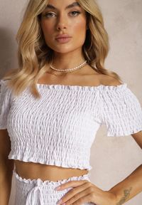 Renee - Biały Komplet Top Hiszpanka i Spódnico-Spodenki z Falbanami oraz Gumką Rinaria. Kolor: biały. Materiał: jeans #5
