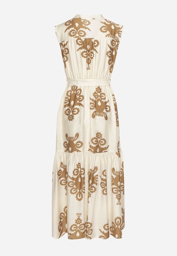 Born2be - Jasnobeżowa Rozkloszowana Sukienka z Wiskozy z Wiązanym Paskiem w Etniczny Wzór Mirinora. Okazja: na co dzień. Typ kołnierza: dekolt w kształcie V. Kolor: beżowy. Materiał: wiskoza. Styl: casual, boho, elegancki, klasyczny