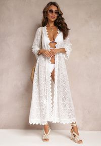 Renee - Biały Kardigan Narzutka z Koronki w Stylu Boho z Wiązaniem Lilja. Okazja: na plażę. Kolor: biały. Materiał: koronka. Wzór: koronka. Styl: boho #4