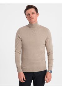 Ombre Clothing - Dzianinowy męski dopasowany golf z wiskozą - beżowy V5 - Rozmiar: XXL. Typ kołnierza: golf. Kolor: beżowy. Materiał: wiskoza, dzianina #3
