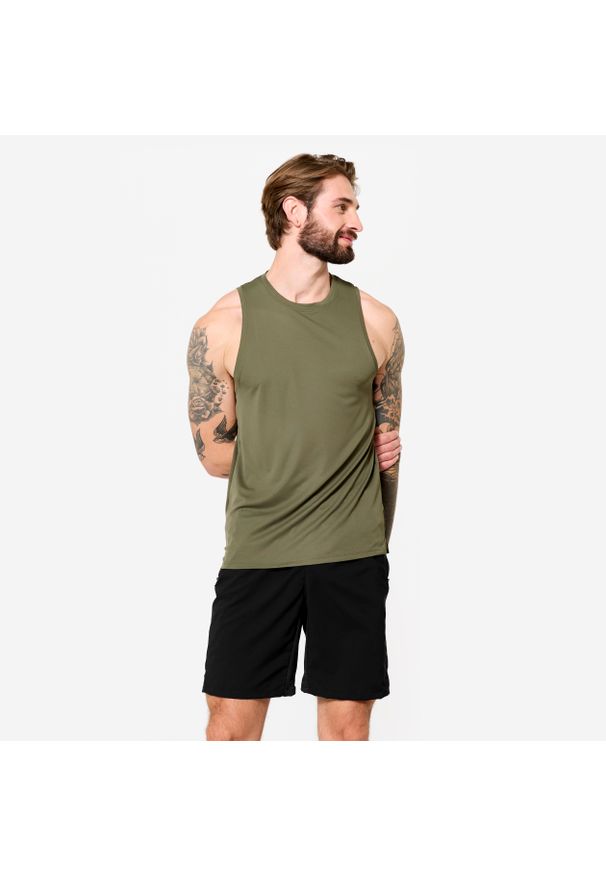 DOMYOS - Koszulka fitness męska Domyos krótki rękaw. Kolor: wielokolorowy, brązowy, zielony. Materiał: poliester, materiał. Długość rękawa: krótki rękaw. Długość: krótkie. Styl: sportowy