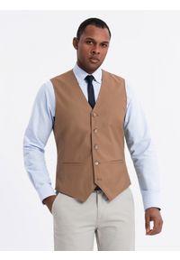 Ombre Clothing - Kamizelka męska garniturowa bez klap - karmelowa V1. Materiał: tkanina, poliester. Wzór: gładki, jednolity. Styl: elegancki #9