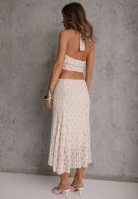 Renee - Beżowy Komplet z Koronki Spódnica i Top z Wiązaniem na Szyi Dainetia. Kolor: beżowy. Materiał: koronka. Wzór: koronka #4