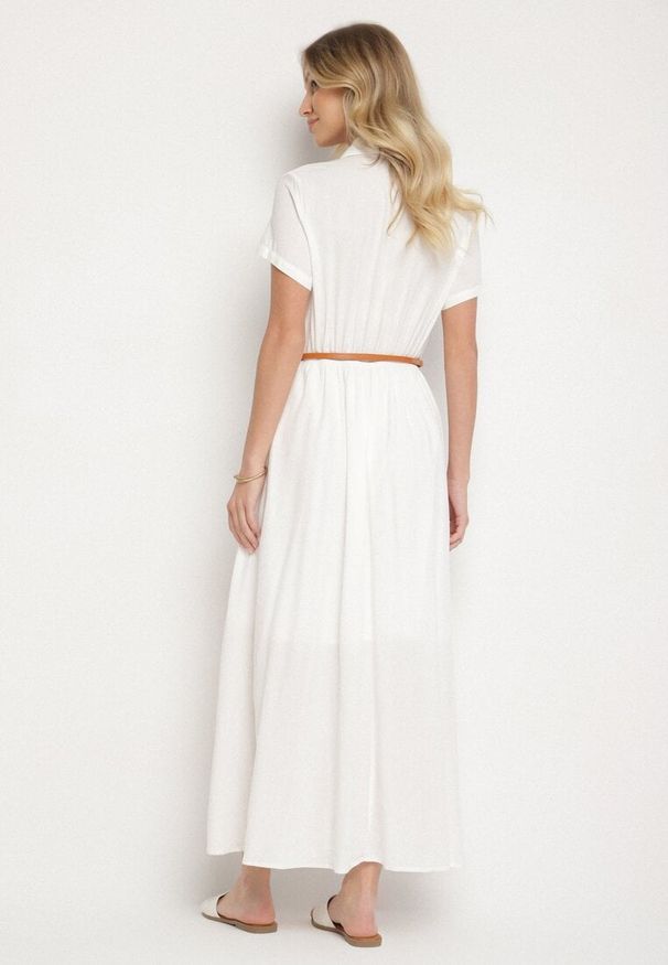 Born2be - Biała Wiskozowa Sukienka o Koszulowym Fasonie z Wąskim Paskiem Fillamea. Kolor: biały. Materiał: wiskoza. Wzór: aplikacja. Typ sukienki: koszulowe. Styl: elegancki