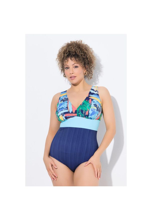 ULLA POPKEN - Damski Strój kąpielowy okrągły dekolt miękkie miseczki z recyklingu. Kolekcja: plus size. Kolor: niebieski. Materiał: poliester, elastan, poliamid, materiał