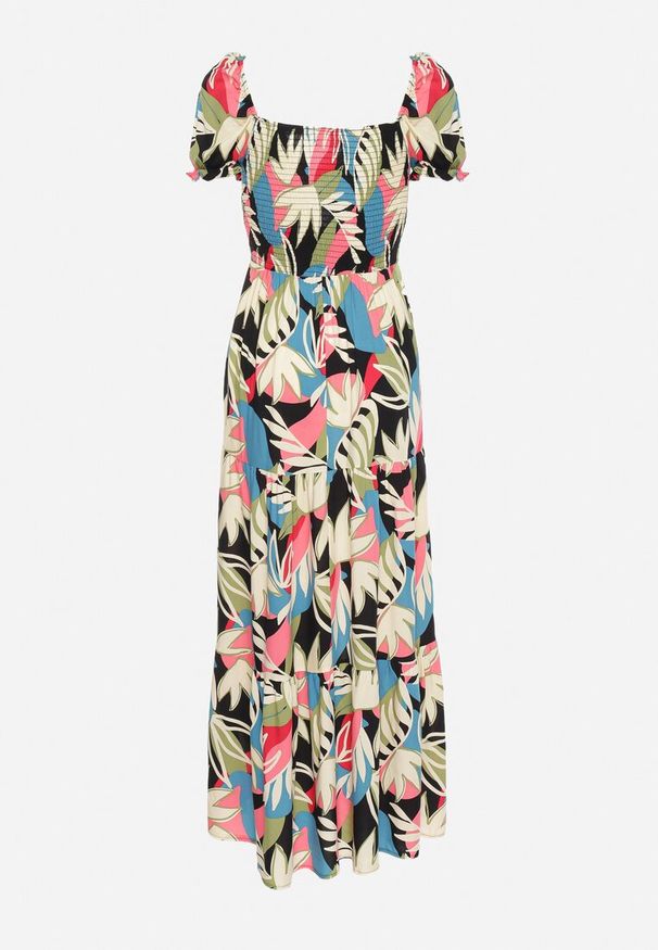 Born2be - Beżowo-Czarna Wiskozowa Sukienka w Kwiaty z Wiązaniem przy Dekolcie i Falbanką Meviera. Okazja: na co dzień, na randkę, na spacer. Kolor: czarny. Materiał: wiskoza. Wzór: kwiaty. Sezon: lato. Styl: casual