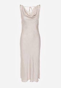 Born2be - Beżowa Satynowa Sukienka na Ozdobnych Ramiączkach z Dekoltem Woda Avalentara. Okazja: na co dzień, na imprezę. Typ kołnierza: dekolt woda. Kolor: beżowy. Materiał: satyna. Długość rękawa: na ramiączkach. Typ sukienki: proste. Styl: casual, elegancki #2