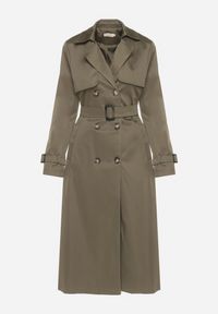 Born2be - Zielony Płaszcz Trencz Dwurzędowy Ozdobiony Paskiemz Klamrą Tinbella. Okazja: na co dzień. Kolor: zielony. Materiał: jeans. Wzór: aplikacja. Styl: casual, elegancki, klasyczny #7