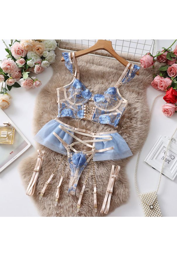 Intica - Komplet bielizny z koronką na wyjątkowe okazje Gritt. Kolor: niebieski. Materiał: koronka. Wzór: koronka