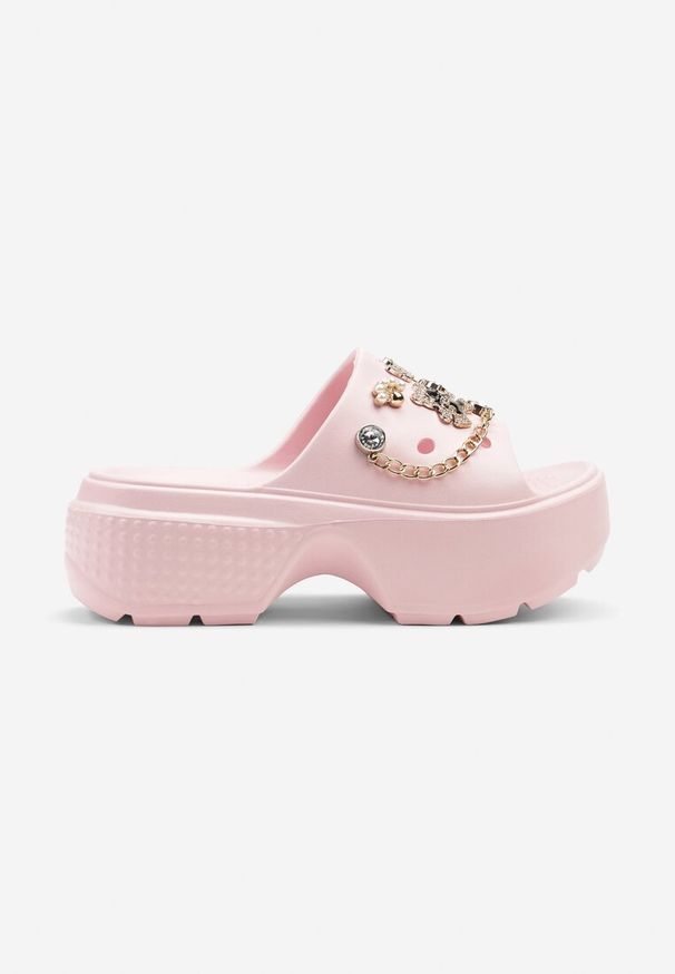 Born2be - Różowe Piankowe Klapki na Grubej Podeszwie Zdobione Aplikacjami Savalique. Okazja: na plażę, na co dzień. Kolor: różowy. Materiał: jeans. Wzór: aplikacja. Styl: elegancki, casual