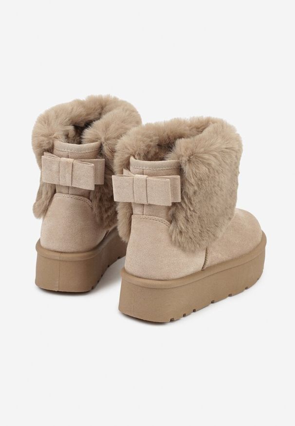 Renee - Ciemnobeżowe Śniegowce z Cholewką za Kostkę Ocieplane z Futerkiem i Małą Kokardą Reinedia. Okazja: na co dzień, na spacer. Wysokość cholewki: za kostkę. Kolor: beżowy. Materiał: futro. Szerokość cholewki: normalna. Wzór: aplikacja. Sezon: jesień. Styl: casual