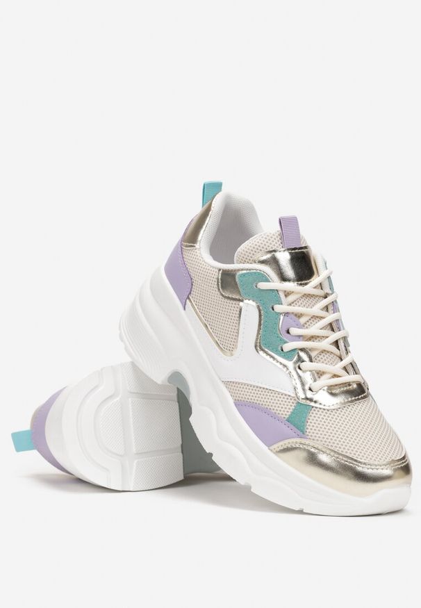 Renee - Beżowo-Złote Sneakersy na Grubej Podeszwie ze Wstawkami z Perforacją Lanya. Kolor: beżowy