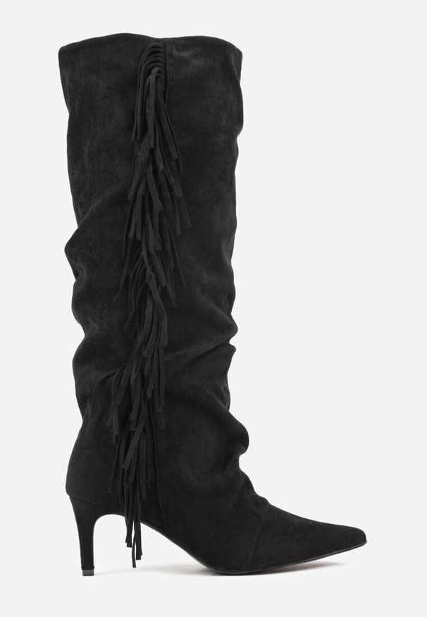 Renee - Czarne Kozaki na Szpilce w Stylu Boho Ozdobione Frędzlami Mevinavia. Okazja: na co dzień. Kolor: czarny. Materiał: jeans. Wzór: aplikacja. Sezon: lato. Obcas: na szpilce. Styl: boho