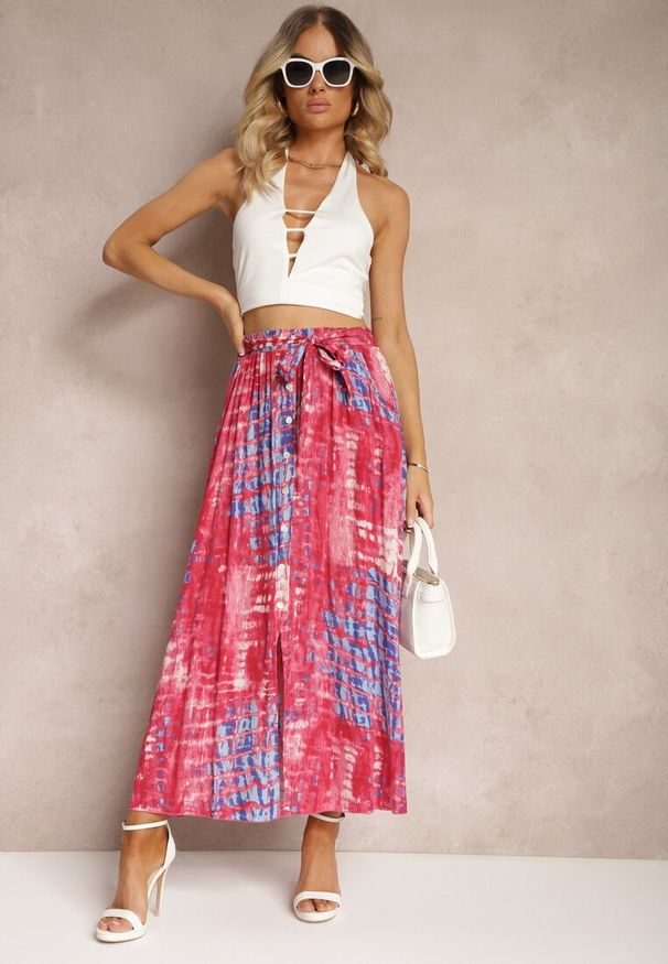 Renee - Różowa Rozkloszowana Spódnica z Wiskozy z Nieodpinanymi Ozdobnymi Guzikami Zafina. Okazja: na co dzień. Kolor: różowy. Materiał: wiskoza. Styl: casual, elegancki