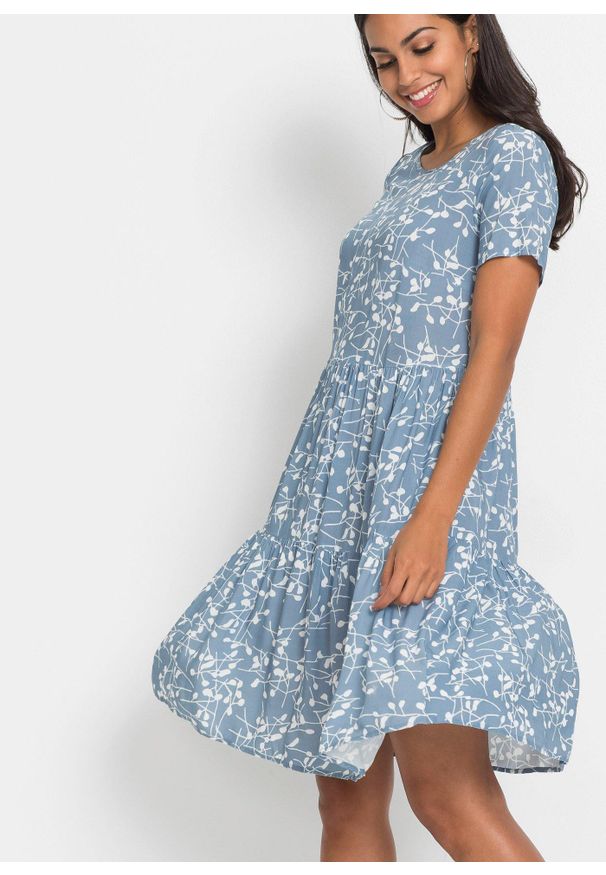 bonprix - Sukienka mini z lejącej wiskozy. Kolor: niebieski. Materiał: wiskoza. Wzór: nadruk, aplikacja. Sezon: lato. Długość: mini