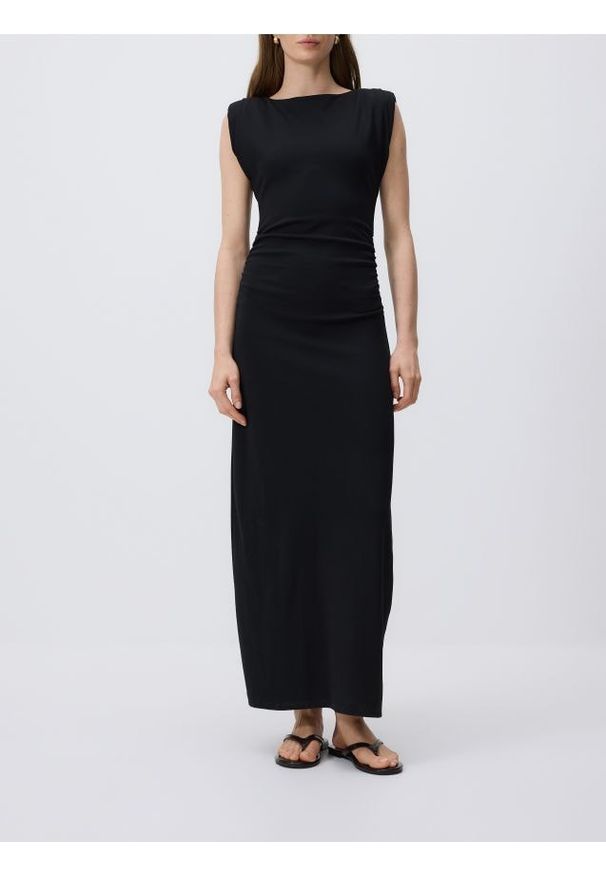 Reserved - Sukienka maxi z drapowaniem - czarny. Kolor: czarny. Materiał: dzianina. Długość: maxi