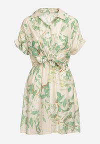 Born2be - Zielona Sukienka Taliowana z Koszulową Górą w Abstrakcyjny Wzór Namselle. Okazja: na co dzień. Kolor: beżowy. Materiał: wiskoza, jeans. Typ sukienki: koszulowe. Styl: klasyczny, casual #4