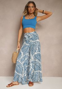 Renee - Niebieskie Spodnie o Szerokim Kroju High Waist w Liście Tenoralia. Stan: podwyższony. Kolor: niebieski. Styl: elegancki