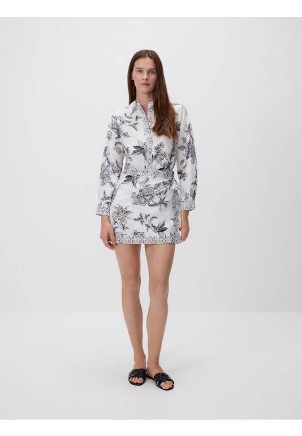 Reserved - Spódnica z nadrukiem - ciemnoszary. Kolor: szary. Materiał: tkanina, len, wiskoza. Wzór: nadruk