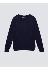 Big-Star - Sweter męski ze splotem warkoczowym granatowy Amaris 403. Kolor: niebieski. Materiał: bawełna, jeans, materiał, dzianina. Wzór: ze splotem. Styl: klasyczny, elegancki