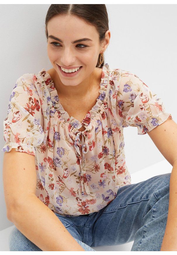 bonprix - Bluzka w stylu tuniki z dekoltem carmen. Typ kołnierza: typu carmen. Kolor: różowy