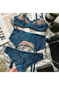 Intica - Komplet bielizny koronkowej z satynowym wykończeniem Junette. Kolor: niebieski. Materiał: satyna, koronka. Wzór: koronka #1